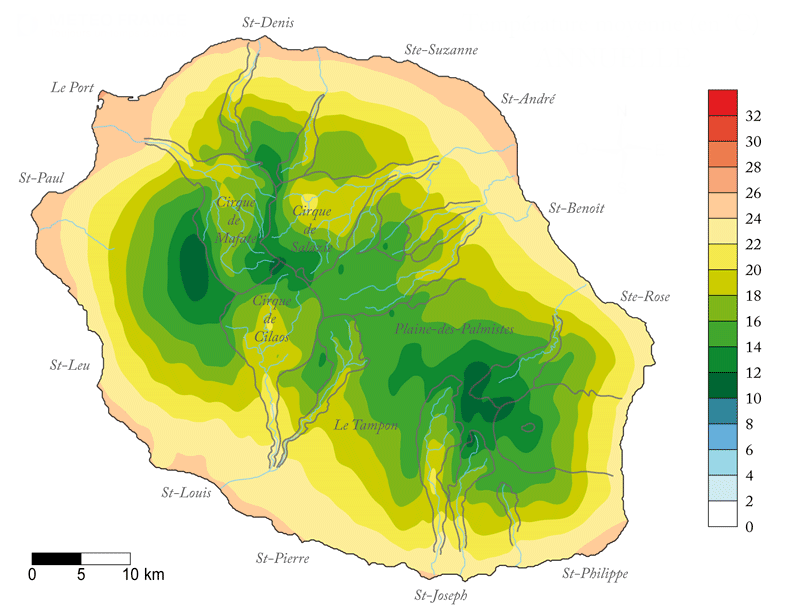 Carte climatique de La Réunion avec zones de températures